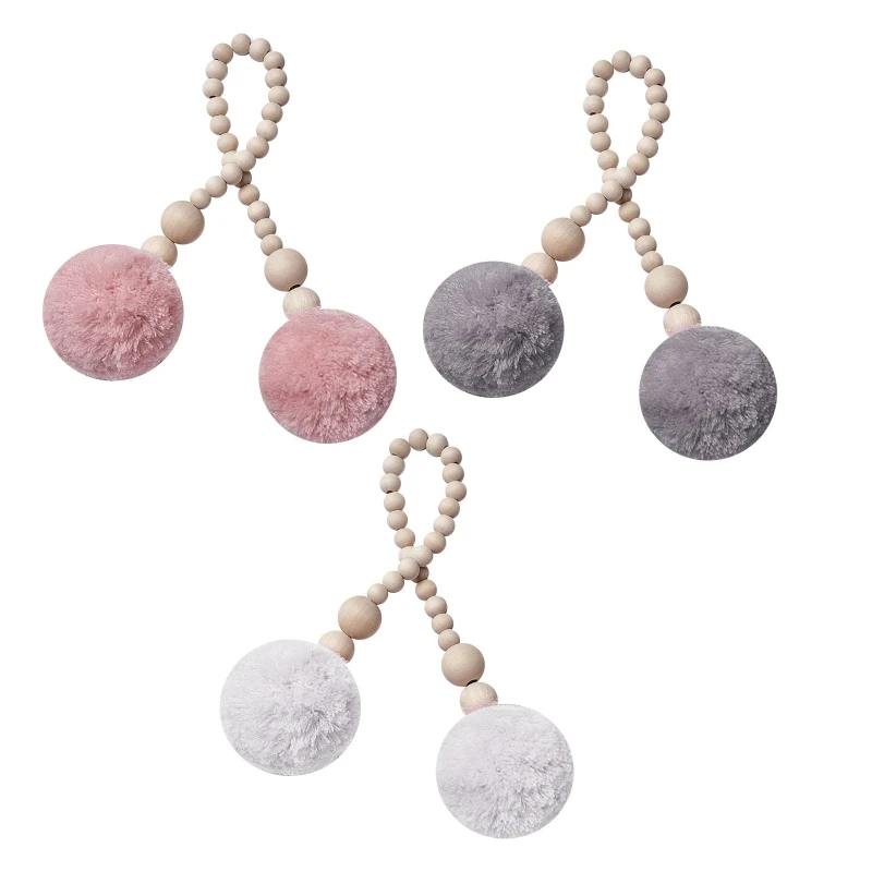 

Wood Bead Pedant with Fur Ball Farmhouse Beads Rustic Country Decor Wall Hanging Decoration DIY Room Party Ornament