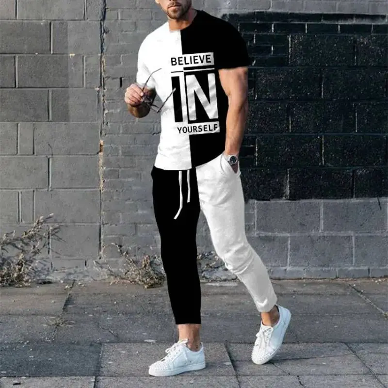 Fashion 2 Piece Set Men Tshirt Long Pant Suit Tracksuit Printed Outfits Sportswear Short Sleeve Streetwear Oversized Jogging Set