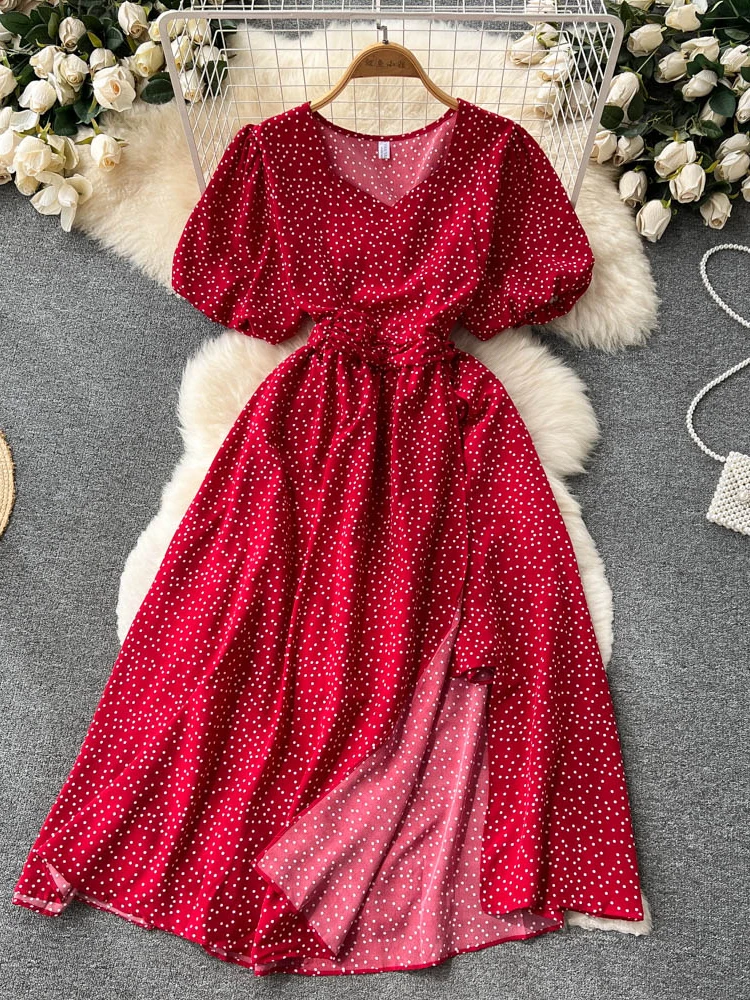 

Nomikuma Dress for Women Summer Puff Sleeve Slim Waist Tunic Polka Dot Print Chic Vestido Feminino Vintage Elegant Women Dress