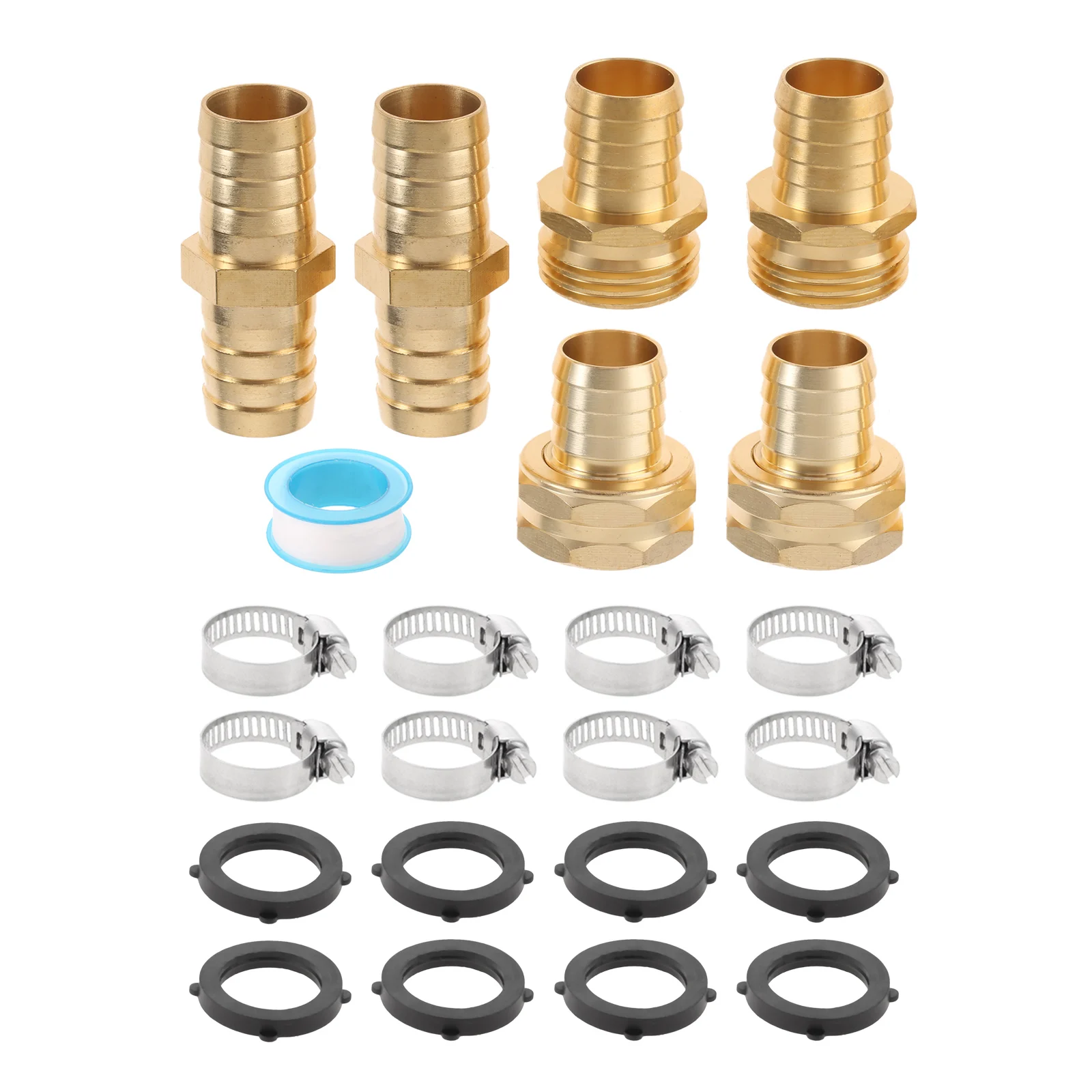

4sets 3/4 Inch Solid Brass Garden Hose Connector Mender Water Hose Repair Female & Male Kit Tape with Steel Clamp Rubber Gasket