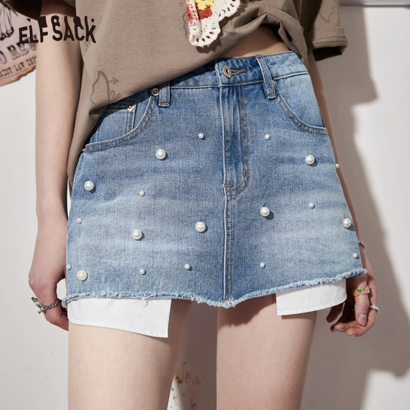 ELFSACK Denim Skirts Women 2023 Spring/Summer New High Waist A-line Elegant Bottom