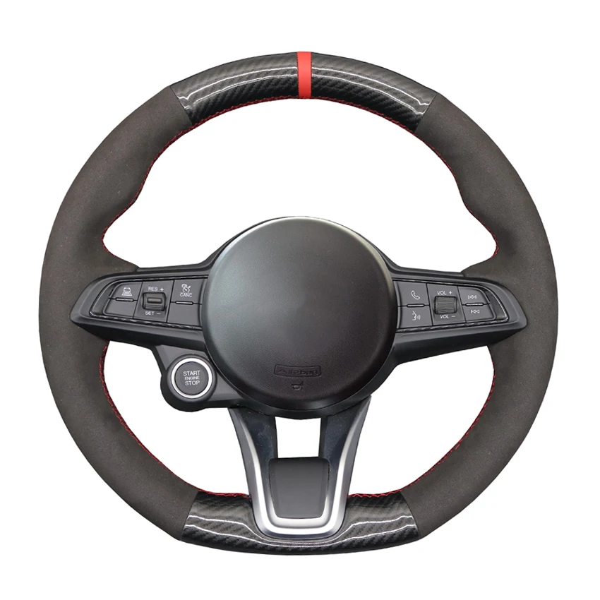 

Black Faux Carbon Fiber Suede Hand-stitched Steering Wheel Cover for Alfa Romeo Giulia 2020-2022 Stelvio 2020-2022 Tonale 2022