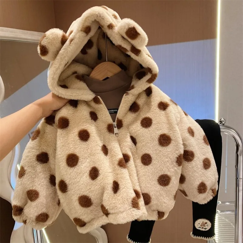 

New 2023 Winter Jacket for Girls Hood Polka Dot Faux Fur Thick Warm Cotton-Padded Children's Outerwear Korean Style Zipper Q745