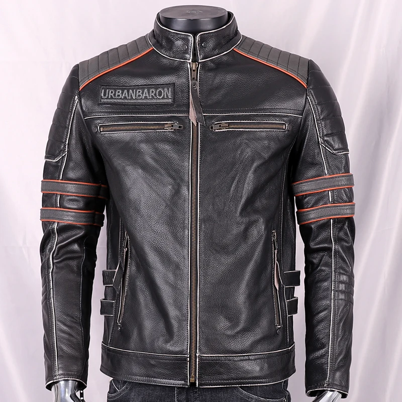 Special Offer Leak-Picking First Layer Cowhide Leather Leather Coat Short Stand r Skull Jacket Motorcycle Cycling Clothing Men enlarge