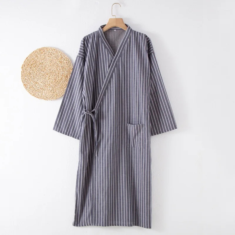 Kimono Nightgown Men Cotton Encrypted Double Gauze Four Seasons Thin Striped  Absorbent Bathrobe Japanese Sweat Steaming Robe