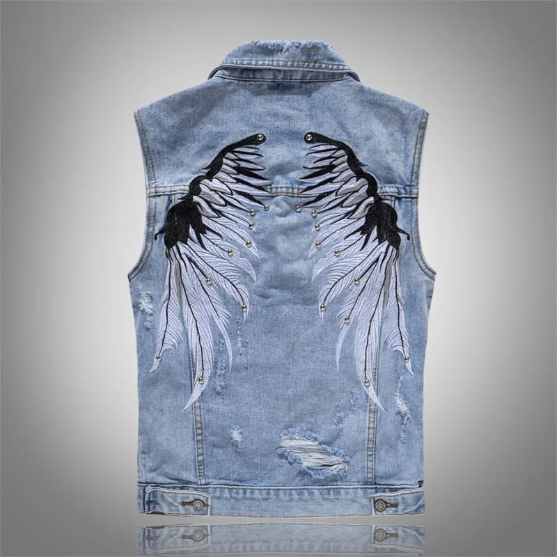 

Men's Scratched Ripped Denim Vest Embroidery Wings Rivet High Street Distressed Sleeveless Denim Jacket Waistcoat Plus Size 5XL