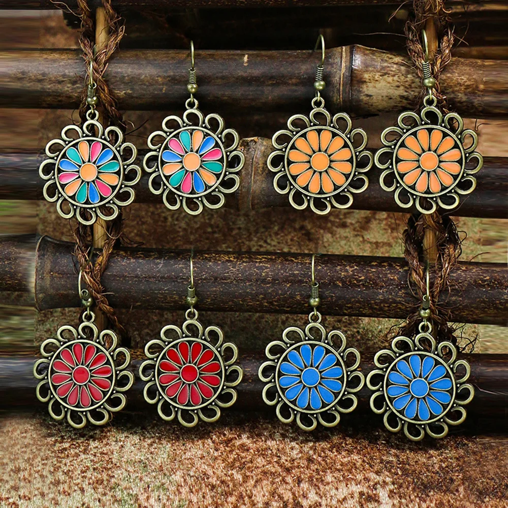

Vintage Indian Style Drop Oil Flower Earrings for Women Boho Ethnic Antique Gold Color Sun Flower Dangle Earring Jhumka Jewelry