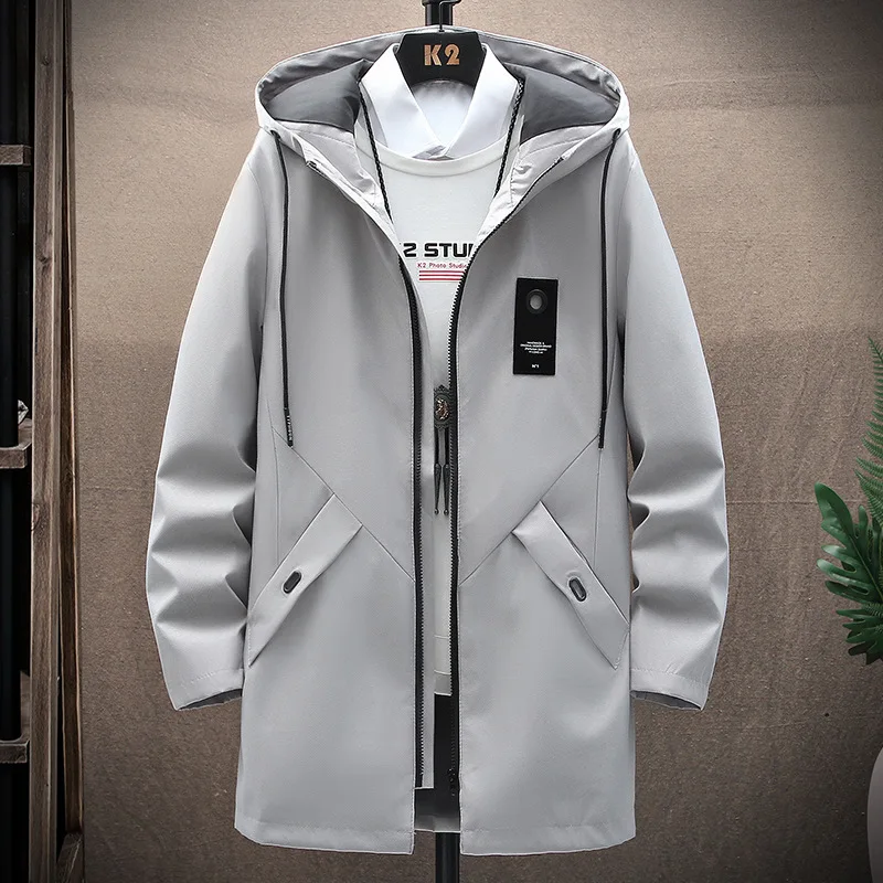 

Spring Autumn Men's Mid Length Hooded Jacket Casual Versatile Windcheater Men Handsome Top Slim Fit Coat