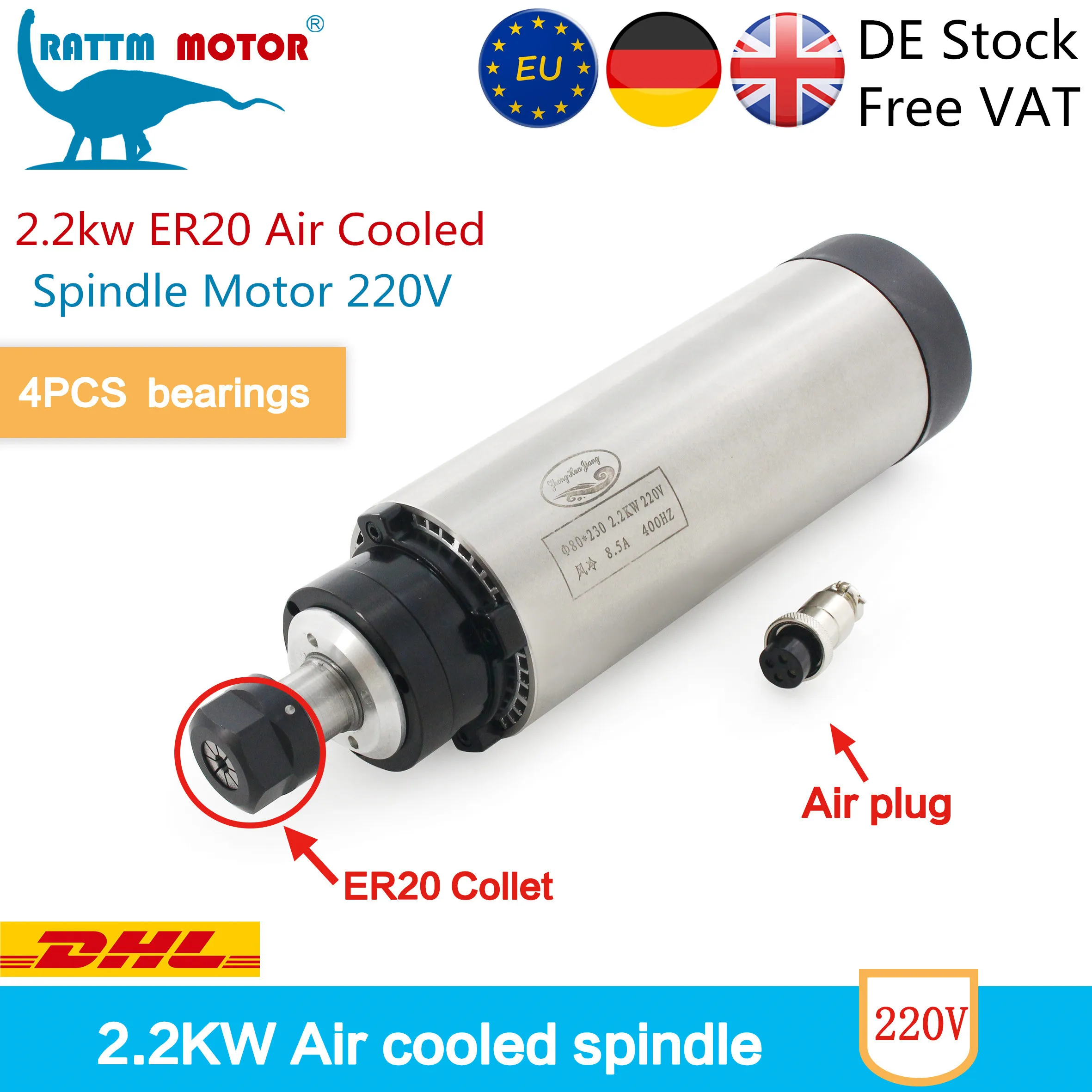 

『EU Free Delivery』2.2KW 220V Air Cooling Spindle Motor ER20 400Hz 24000RPM 8.5A for CNC Milling Engraving Router Machine