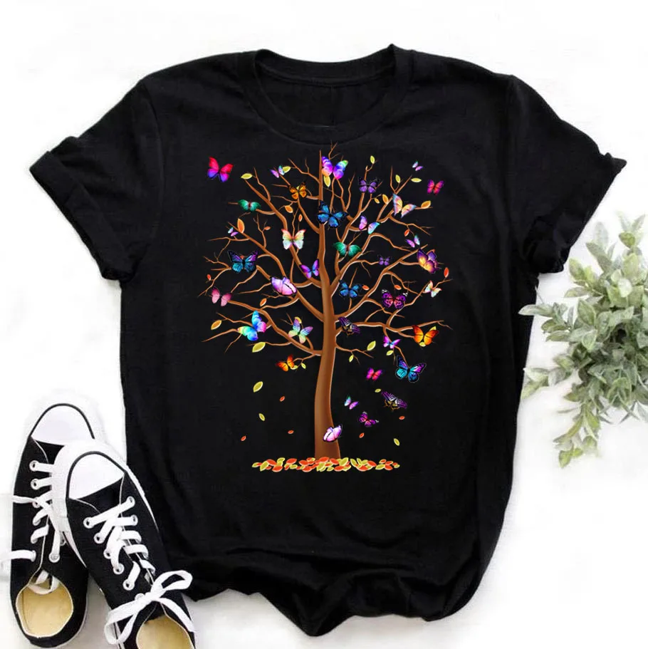 

Woman Butterfly Tree Print Harajuku Summer Tshirts Casual Round Neck Short Slee Top Tee Shirt Women Black T-shirt Drop Ship