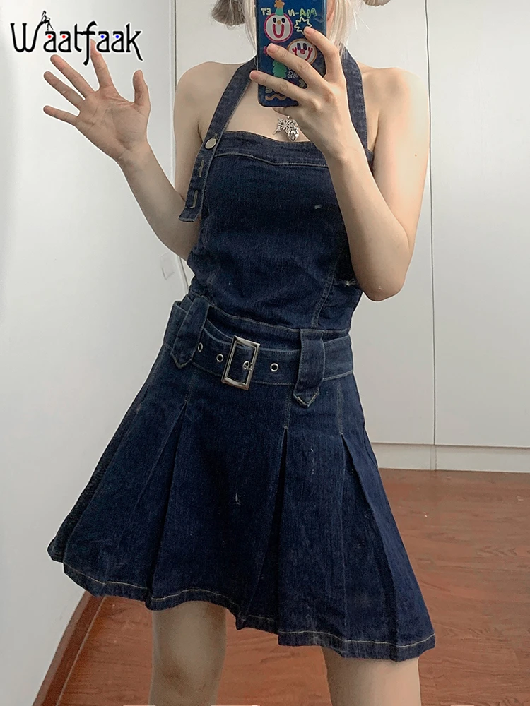 

Waatfaak Summer Retro Pleated Denim Dress Punk Buckle Streetwear Halter Backless A Line Mini Sundress Vintage Y2K Aesthetic 90S