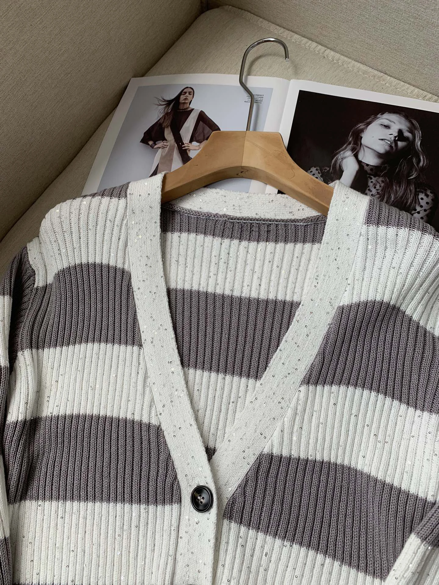 Осенний женский кардиган B * C Хлопковый вязаный свитер в полоску с длинным