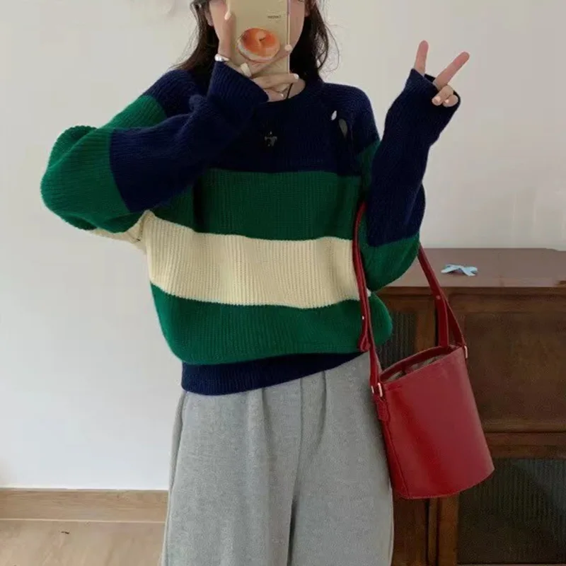 

Полосатый Мягкий клейкий свитер с круглым вырезом, женский осенне-зимний новый пуловер, вязаный Топ