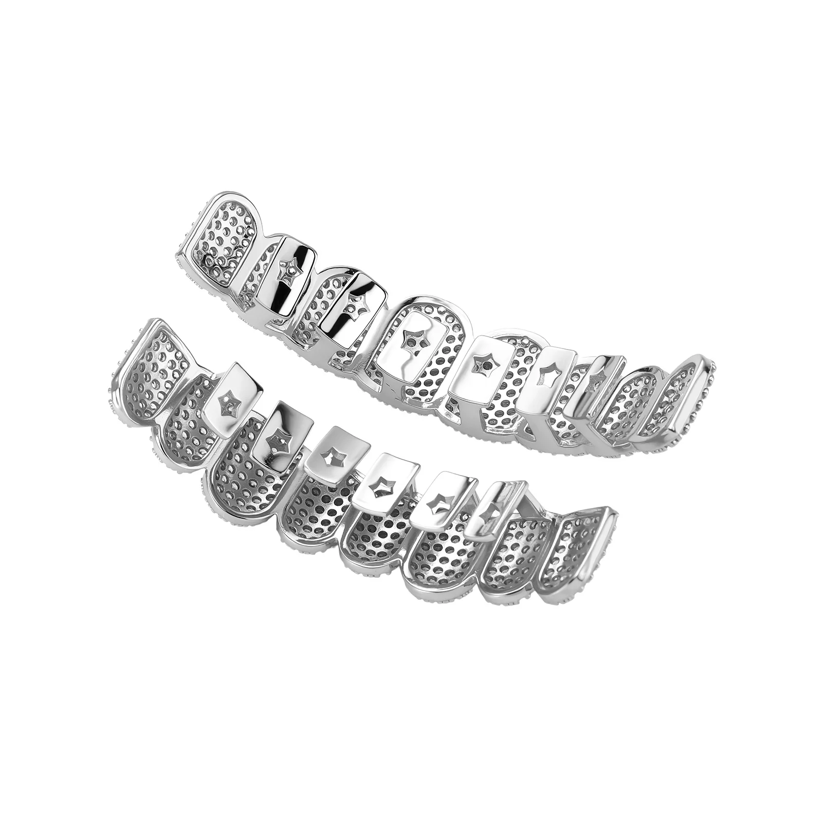 Фото Набор зубных протезов TOPGRILLZ Bling CZ для мужчин и женщин, полностью инкрустированный цирконием, для верхней и нижней челюсти, золотистого и серебристого цвета, съемные зубные украшения №5