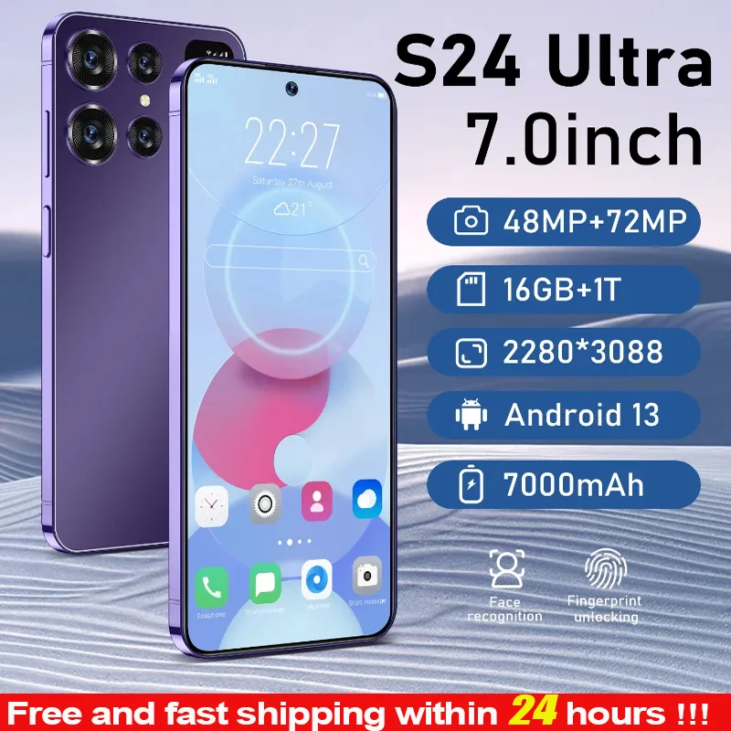 

2023 Band S24 Ultra 7.0HD Screen Smart Phone Original 16G+1T 5G Dual Sim Celulares Android Unlocked 108MP 7000mAh mobile phones