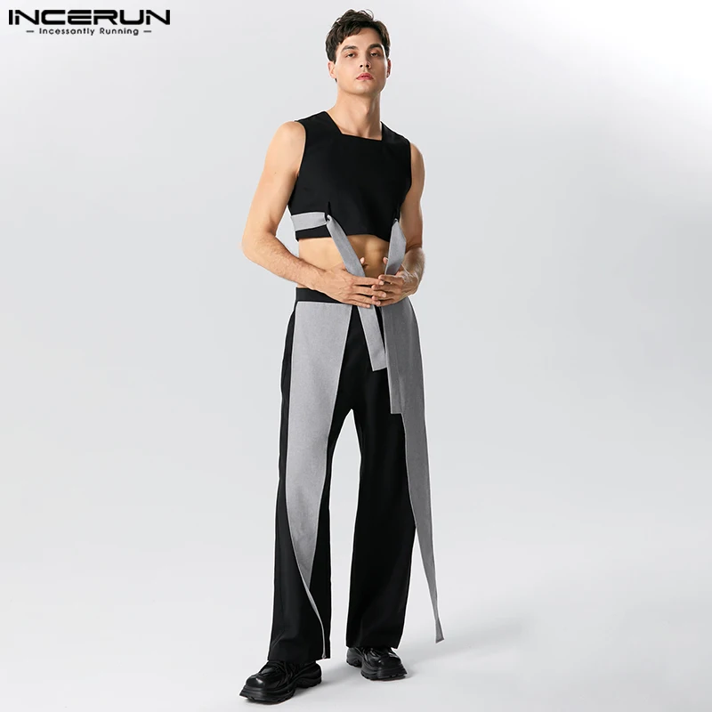 

INCERUN 2023 сексуальные новые мужские комплекты с открытыми плечами без рукавов жилет брюки стильный асимметричный дизайн ленты Сращивание костюм 2 предмета