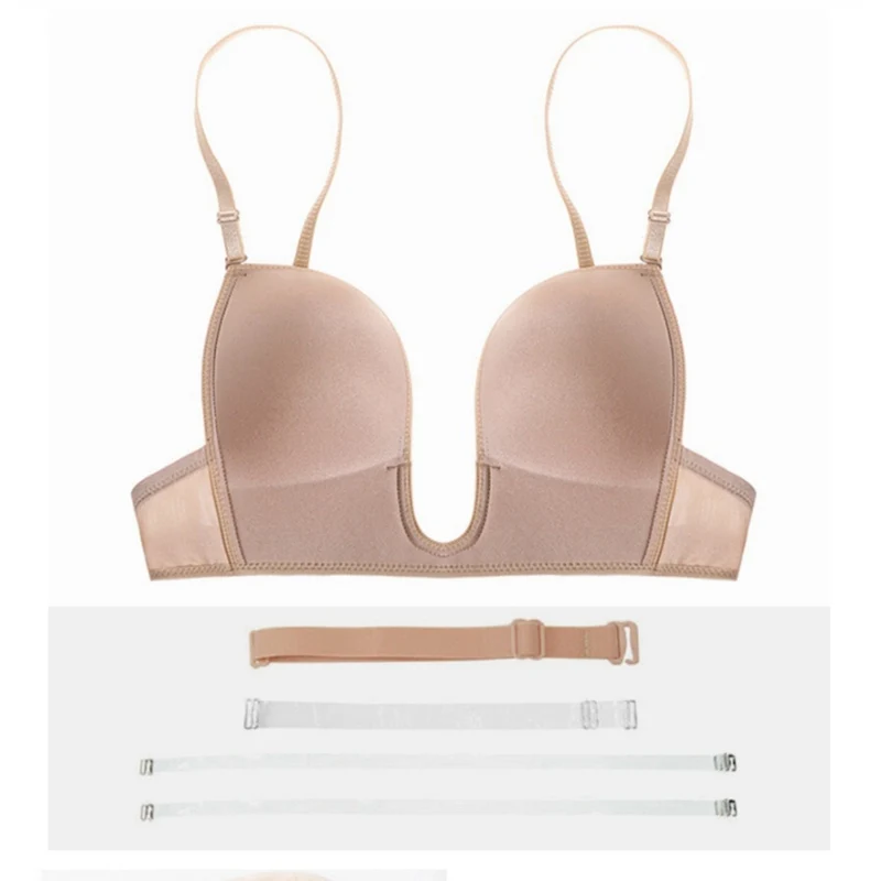 

Women Lingerie Sexy Deep U Neck Strapless Bra Sexy Backless Invisible Bras Underwear for Wedding Dress Fox Gathered Push Up Bra