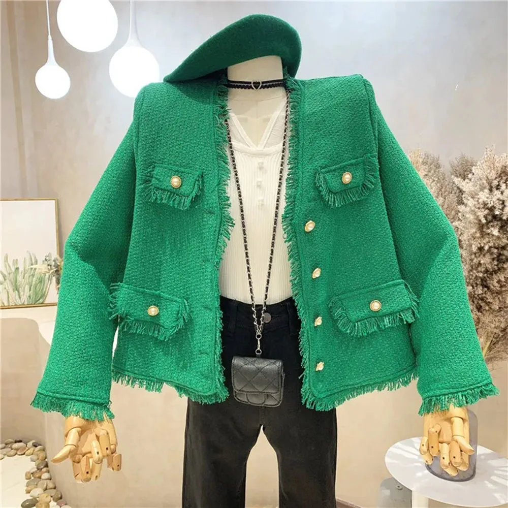 

Autumn 2022 New Unique Design V-neck Long-sleeve Tweed Tassel Casual Fashion Small Fragrance Jacket Elegant Ladies Jacket Top