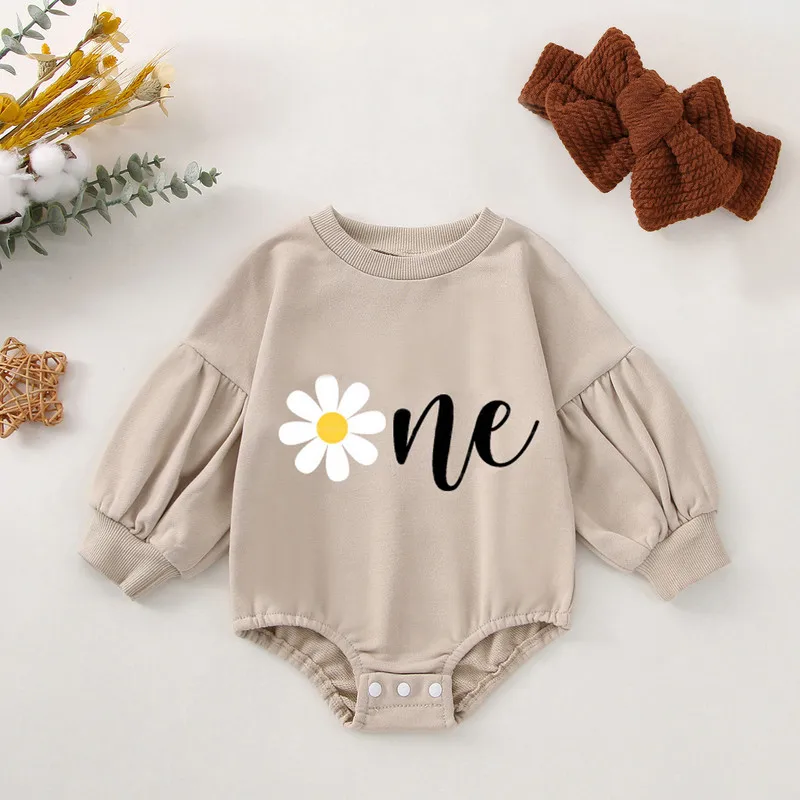 

New Born Baby Girls Clothes Bodysuit Set Fall Winter Long Sleeve Crew Neck Flower Letters Print Romper with Bowknot Hairband