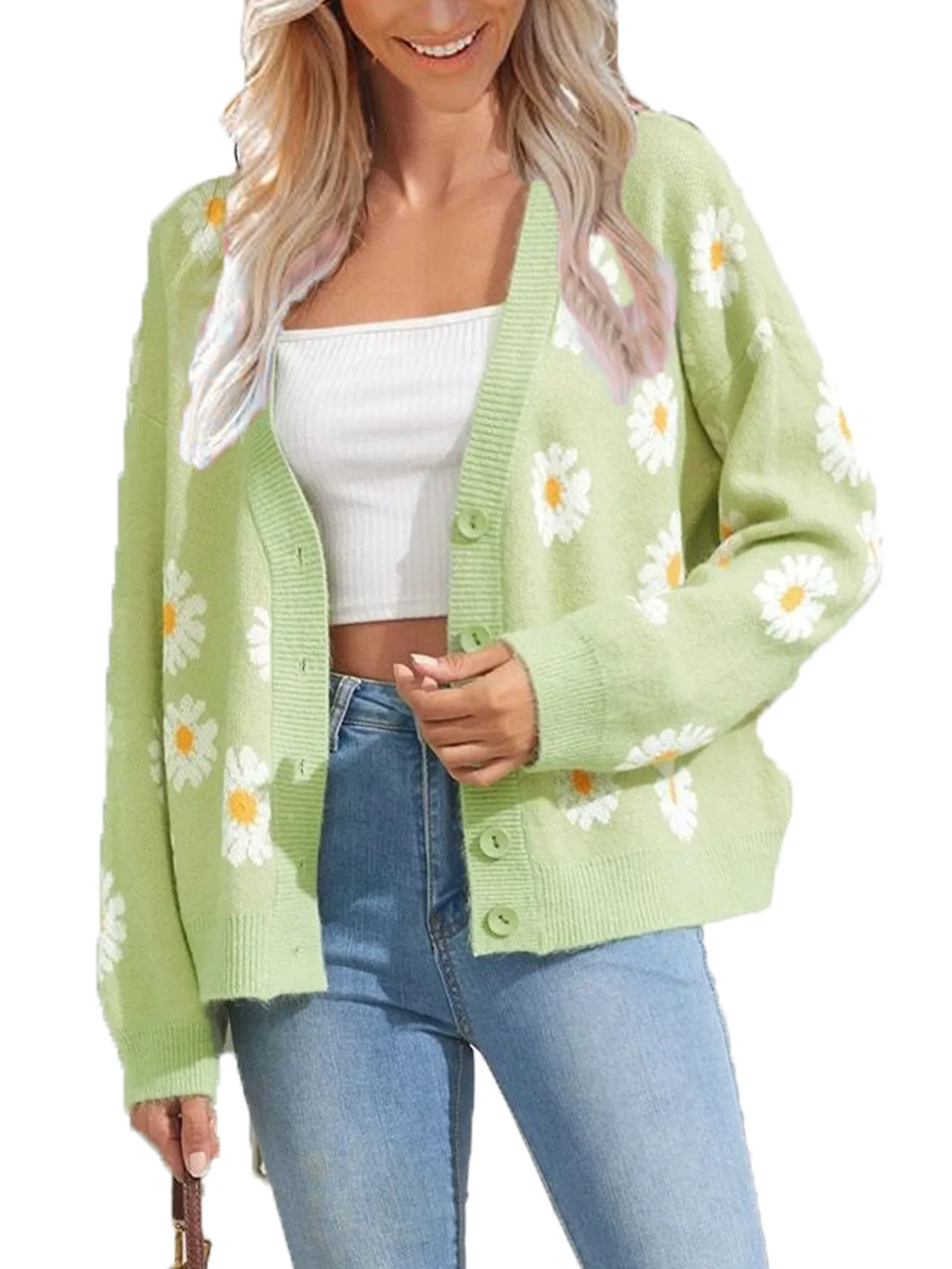 

Женский вязаный кардиган с длинными рукавами, свободный трикотажный кардиган с V-образным вырезом, 2023