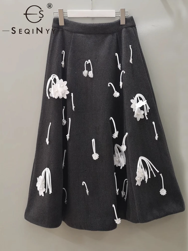 

Женская трапециевидная юбка SEQINYY, элегантная уличная юбка серого цвета с белой цветочной аппликацией, весна-осень