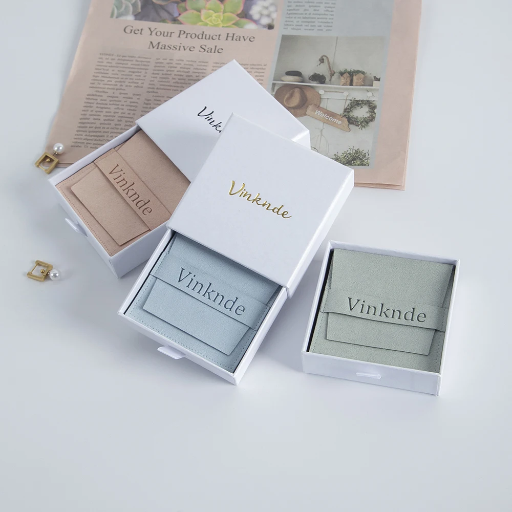 Luxury Packaging Designs Logo Drawer Sliding Jewelry Box White Cardboard Bracelet Necklace Earring Storage Case Microfiber Bags