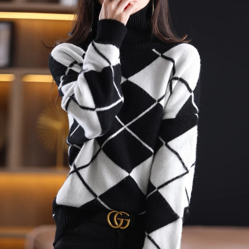 Black and White Diamond Check Thick 100% Cashmere Sweater Women's Turtleneck Turtleneck Sweater Wool Knit Top