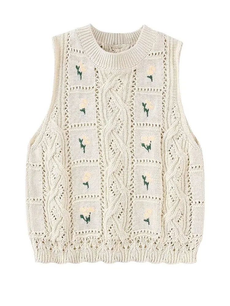 

YLJHQX 2022 Spring Summer Women Fashion Flower Embroidered Knitted Vest Versatile Sleeveless O Neck Female Short Pullovers