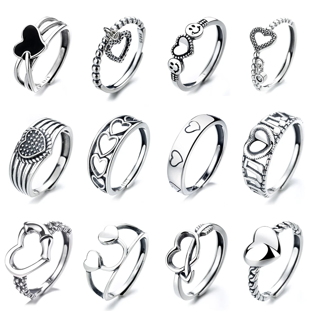 

Vintage 925 Sterling Silver Simple Love Heart Hollow Shape Fashion Finger Ring Elegant Fine Jewelry for Female Women Party Gift