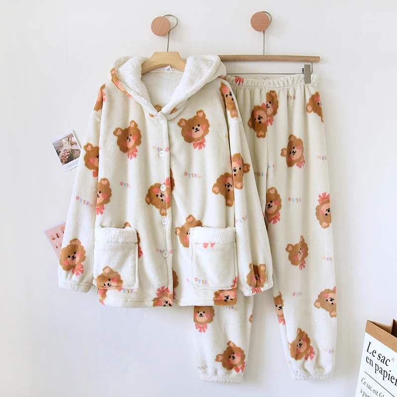New Cartoon Plus Velvet Thickened Pajama Set Winter Home Suit Flannel Coral Fleece Homewear Thermal Warm Women  Hooded Sleepwear
