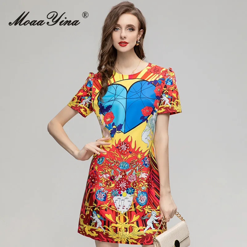 

MoaaYina Summer Fashion Designer Vintage Pattern Printed Dress Women O-neck Short Sleeve Diamond Sequins Loose A-LINE Mini Dress