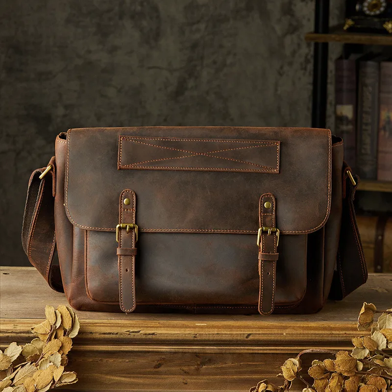 Retro fashion natural real leather men coffee messenger bag everyday outdoor crazy horse cowhide single shoulder messenger bag