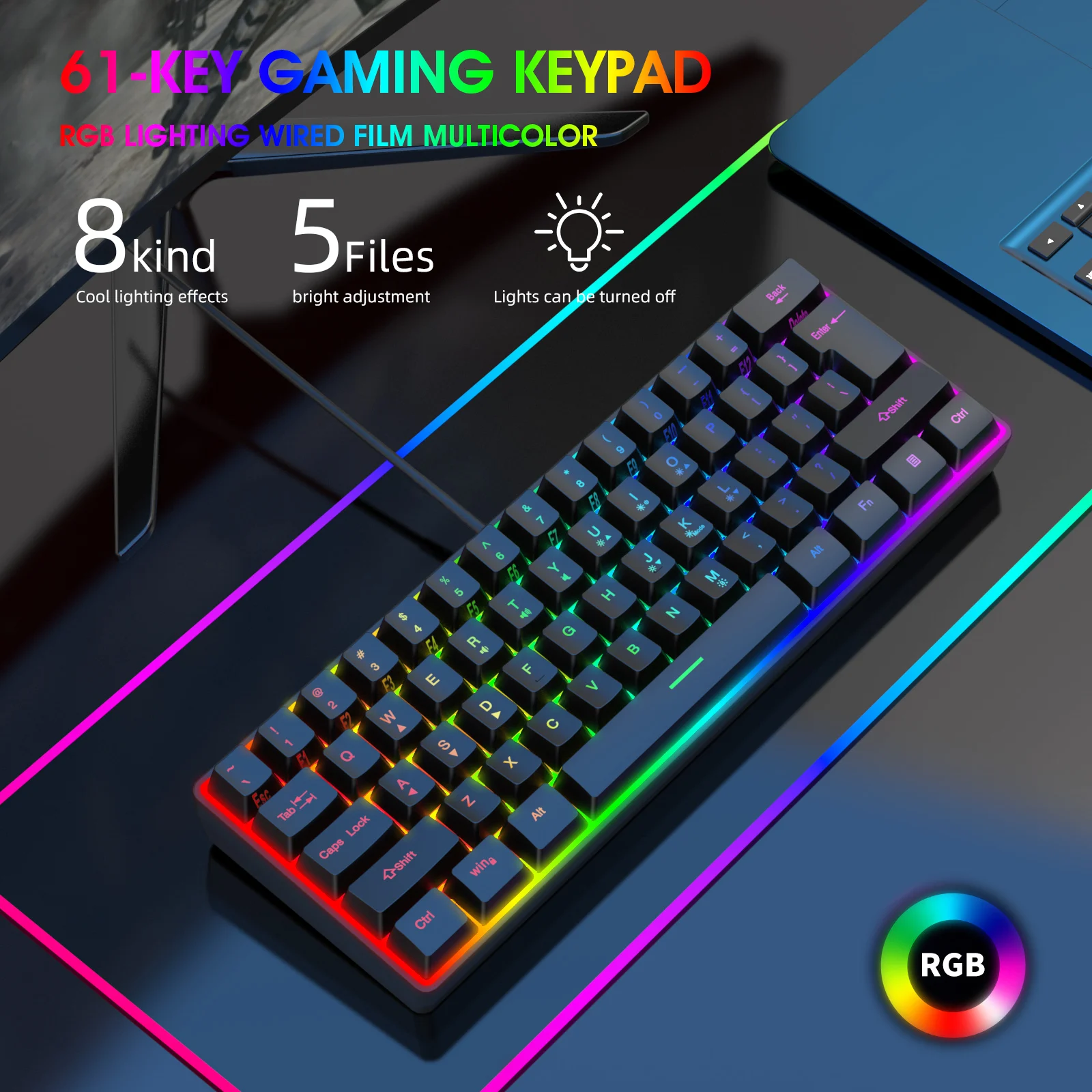 

61 Keys K401 Notebook Desktop Wired Game Manipulator Sense Electric Competition Game Keyboard RGB Luminous Keyboard Keycap