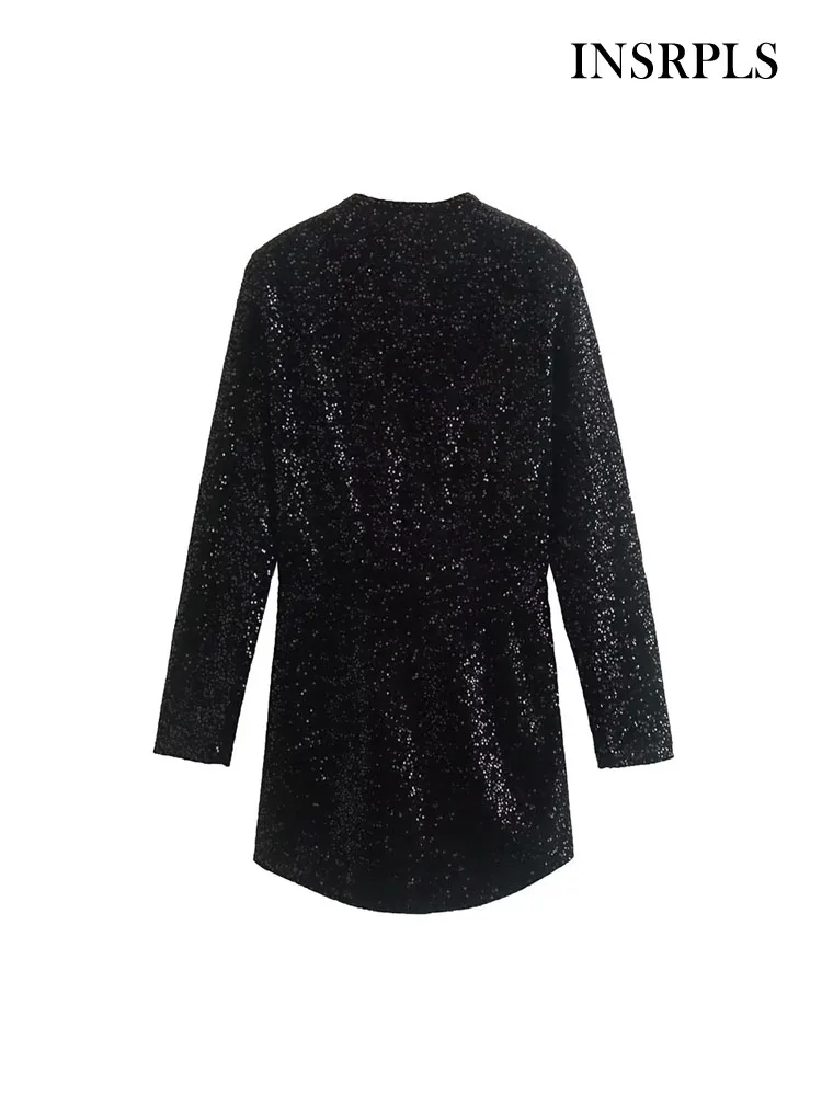 

INSRPLS женское сексуальное модное блестящее мини-платье с блестками винтажные женские платья с V-образным вырезом и длинным рукавом Vestidos Mujer