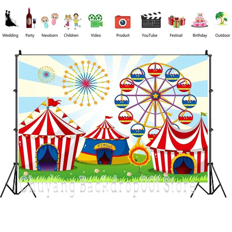 Ferris Wheel Circus Camp Kids Birthday Party Stage Backdrops Green Grass Playground Newborn Baby Shower Photo Background enlarge