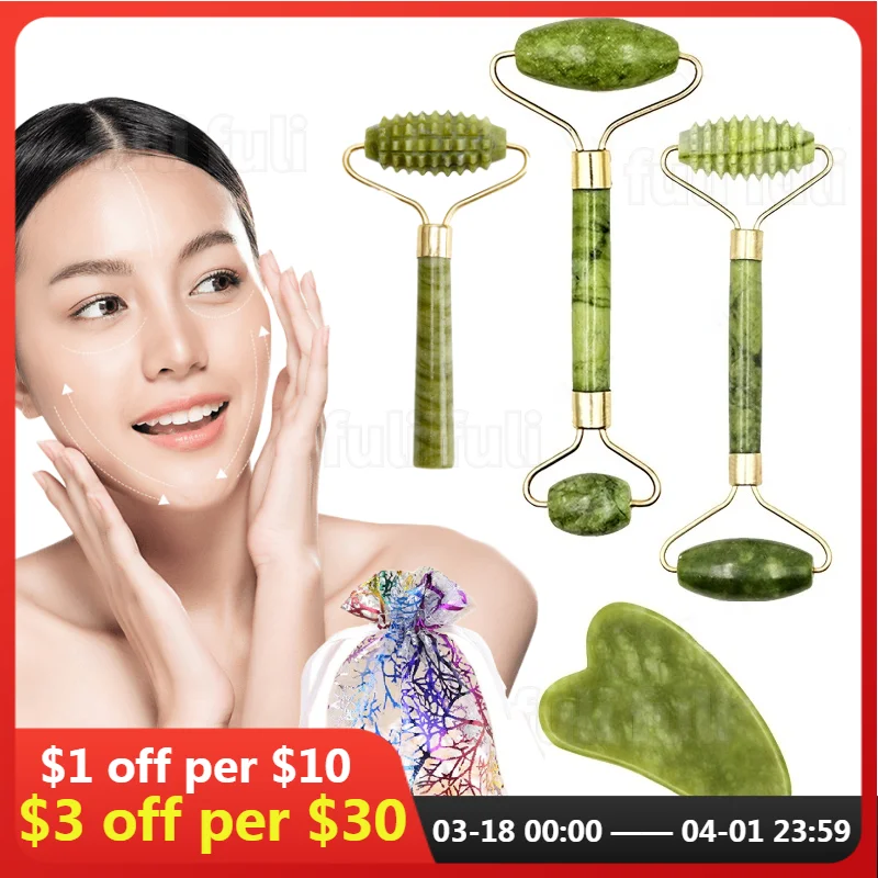 

2pcs Face Massager Roller Natural Jade Stone Guasha Board Scraper Set Facial Lift Skin Relaxation Slimming Beauty Neck Thin Tool