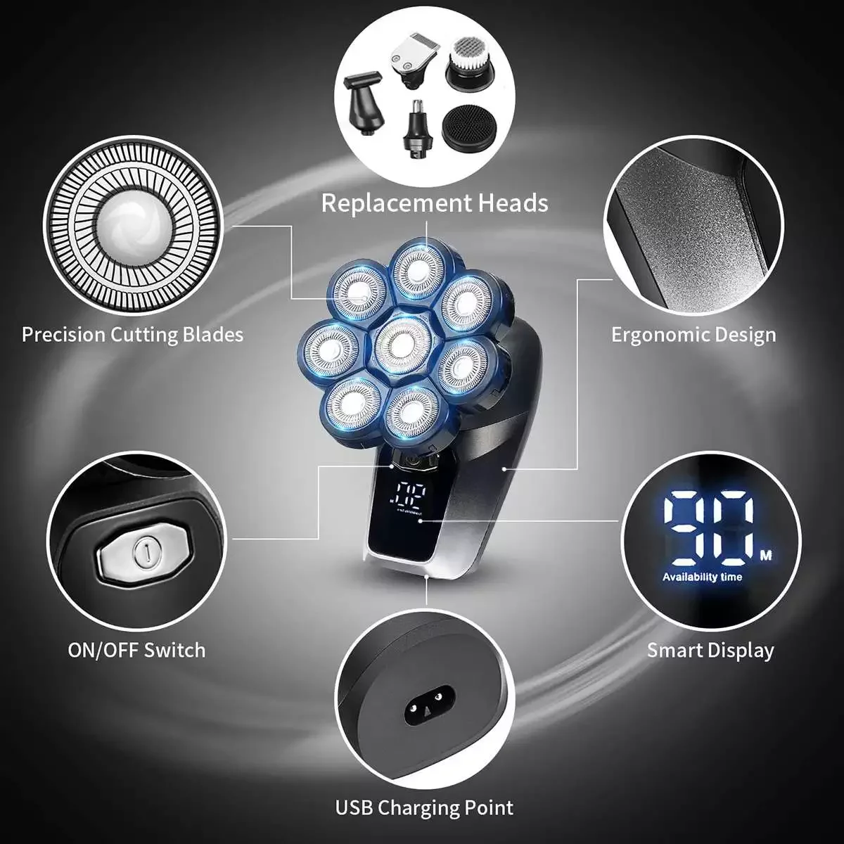 

Водонепроницаемая Беспроводная Бритва NEW2023 6 в 1 со светодиодной подсветкой, 8 вращающихся бритвенных инструментов для бороды, бритва для об...