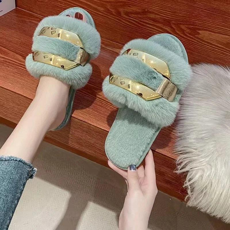 

2022 New Women's Autumn and Winter Home Fluffy Fur Slippers Woman Flat Indoor Floor Shoes Women's Flip Flops Size 36-41