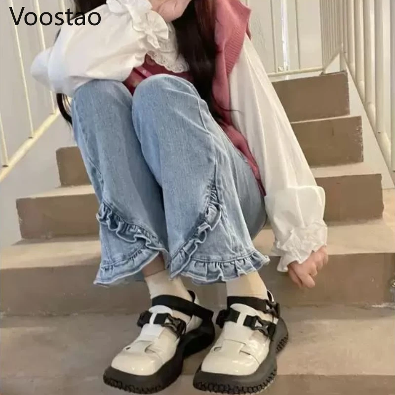 Брюки женские демисезонные из денима с оборками готические шикарные узкие