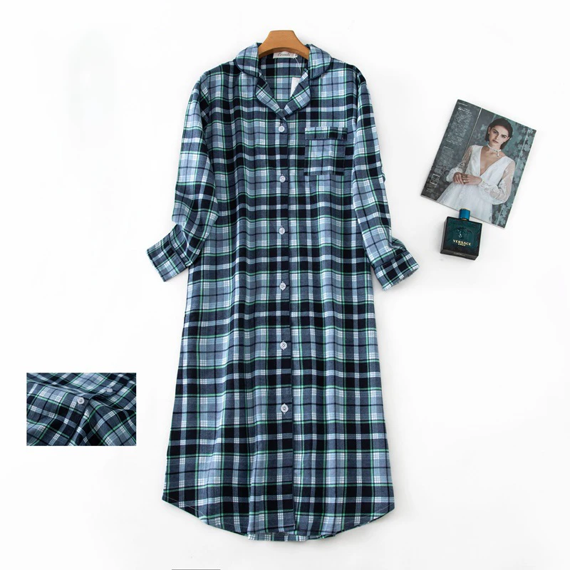 Ladies Cotton Nightgown Women Nightdress Long-sleeved Plaid Print Female Sleepwear Nightshirt Button UP Nightie