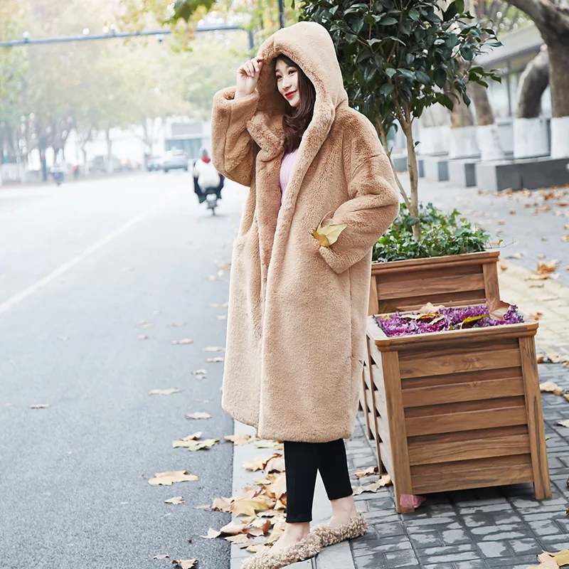 2021 Coat Faux Mink Hair Long Hooded Loose Thickened Faux Fur Coat Coat for Female Winter Thick Luxury Clothes Warm Thick  Fur