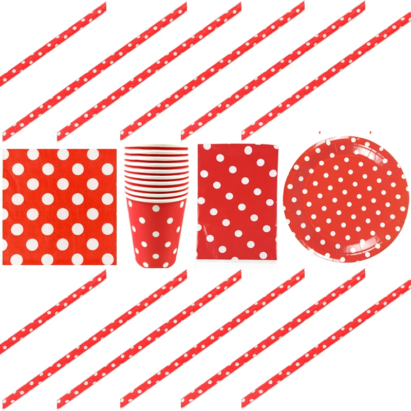 

82pcs/lot Red Polka Dots Theme Tableware Set Birthday Party Napkins Plates Cups Dishes Towels Decoration Tablecloth Paper Straws