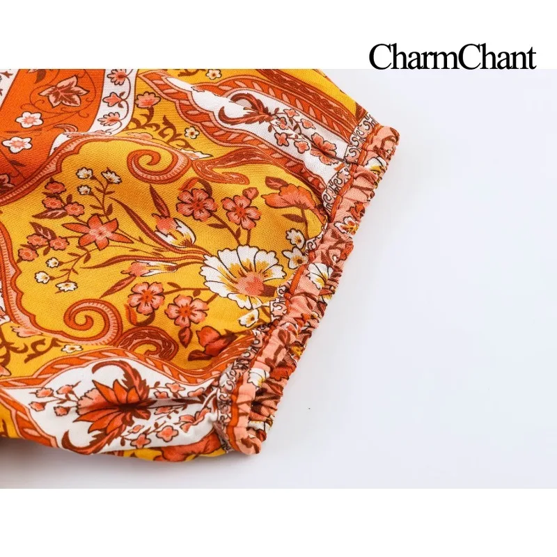 Фото Женское макси-платье CHARMCHANT с открытыми плечами, пышными рукавами, богемным цветочным принтом, многоярусное, с эластичной талией, пляжное, длинное, лето 2026 №5