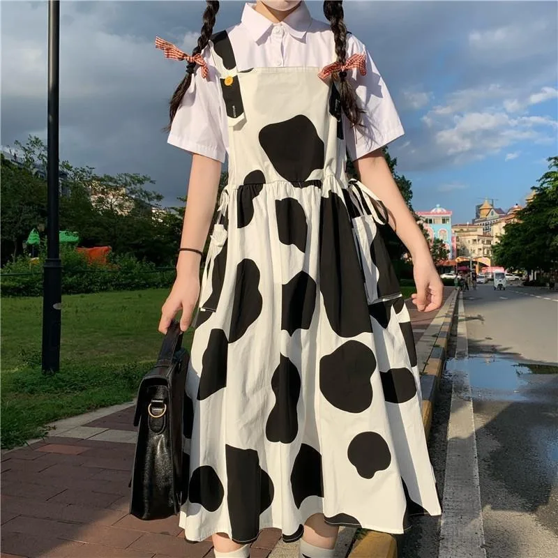 Cute Kawaii Cow Print Dress Mori Girl Lolita Milk Women's Sundress Harajuku Preppy Style Korean Fashion Casual Loose Midi Dress