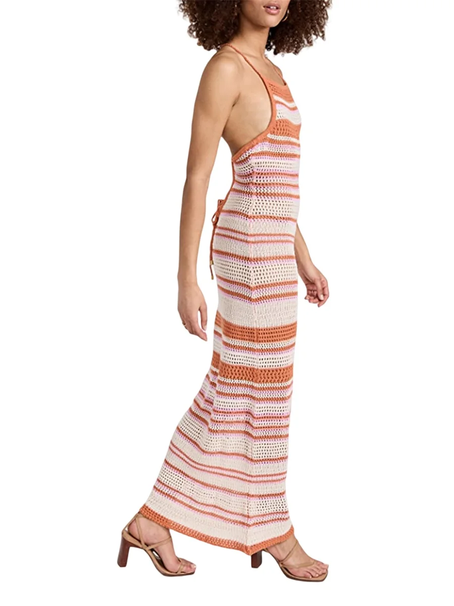

Women Y2k Crochet Knitted Halter Long Dress V Neck Sleeveless Maxi Midi Dress Sexy Open Back Beach Dress Streetwear Z1-orange