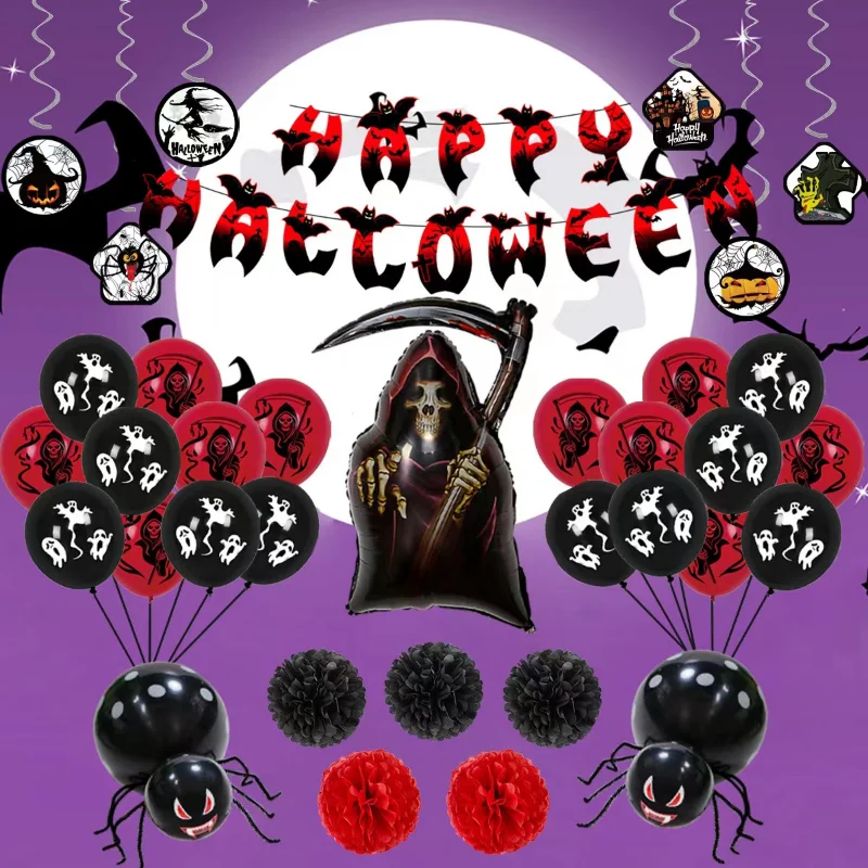 HotSelling Halloween Red Black Ghost Death Balloon Flag Pulling Print Set Pumpkin Ghost Spider Bat Balloon Halloween Theme Party