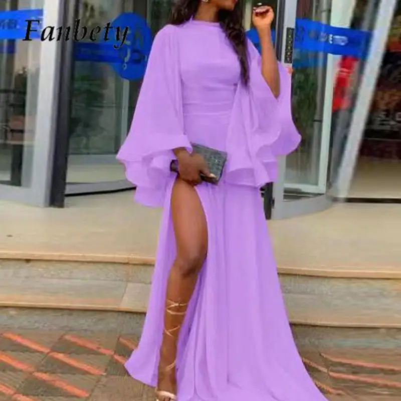 

Женское элегантное однотонное платье макси, повседневное тонкое платье с круглым вырезом и Расклешенным рукавом, Осеннее облегающее платье с высокой талией и разрезом