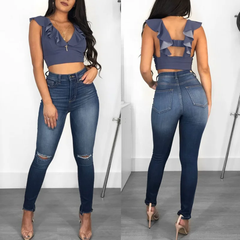 

Blue Ripped Jeans Women's Tight-fitting Slim Pencil Pants 2020 Fall Best-selling High-quality Feminine Pants