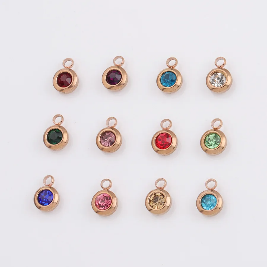 

Rose Gold Color Crystal Birthstone Charms Stainless Steel Round Rhinestones Charms 6.5mm 60piece/lot