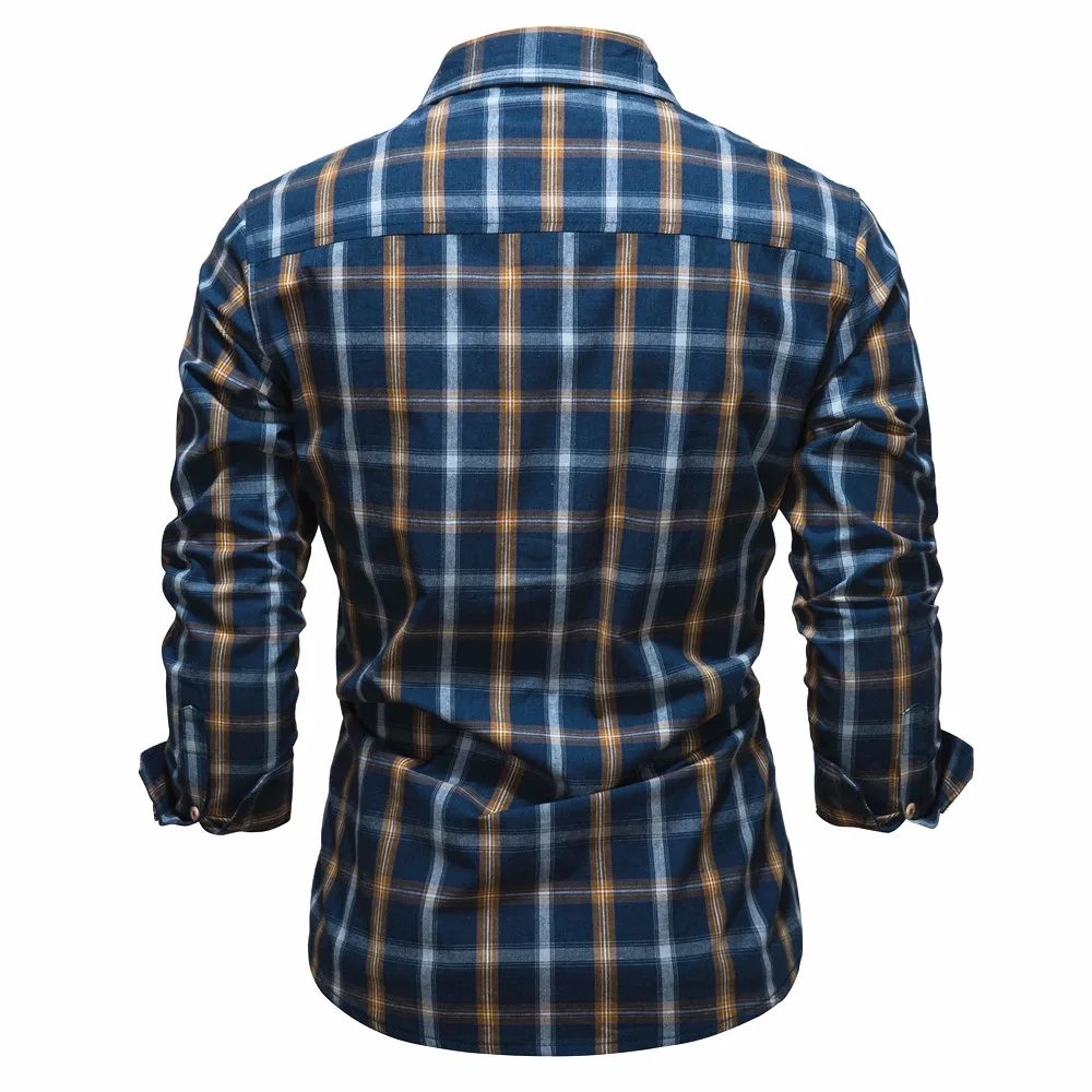 New Men's US Size Pocket Decorative Shirts Fashion Plaid Long Sleeve Shirts